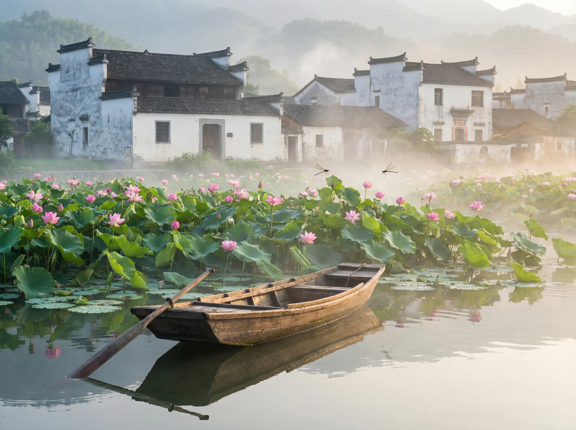 清晨荷塘小舟，粉色荷花盛开，白墙黑瓦的村庄 - http://gg51cn.cn 水乡风情